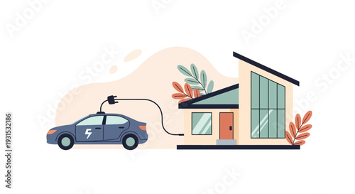 Electric Car Charging at Modern Home.