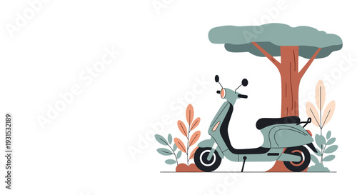 Electric Scooter Parked Under Tree Illustration.