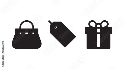 Black Icons Of Handbag, Gift Tag, And Gift Box On White Background For Shopping And Gifting Concepts