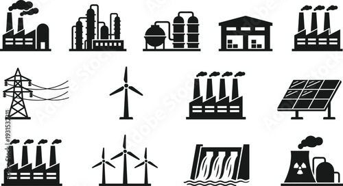 Industrial energy power icons set, factories renewable wind solar nuclear hydro electricity infrastructure vector silhouettes isolated black design collection illustration