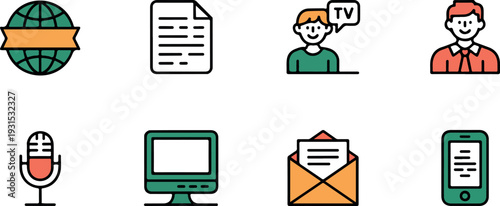 Minimal hand-drawn vector illustration of global news, digital media icons, print journalism, mobile access, video podcast, and online information flow