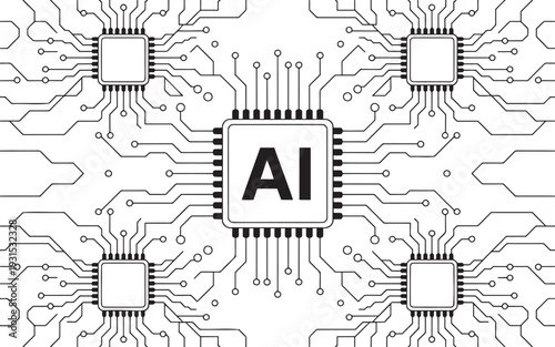 Repeating pattern of AI microchips and circuit board connections on a white background