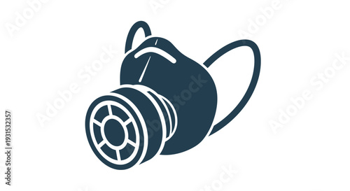 Stylized dark blue gas mask icon with a wheel filter and side straps