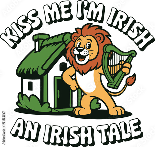 Cheerful cartoon lion holding a green harp in front of an Irish cottage for St Patricks Day greetings
