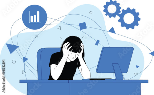 Overwhelmed female employee experiencing immense stress and burnout while facing complex work challenges at her computer on transparent background