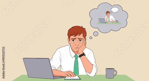 Exhausted office worker feeling overwhelmed and suffering from severe emotional burnout at his desk while contemplating his stressful job on transparent background. on transparent background