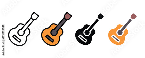 Acoustic guitar icon set. Musical instrument symbol for live performance, string music hobby, and creative entertainment design. Vector Illustration.