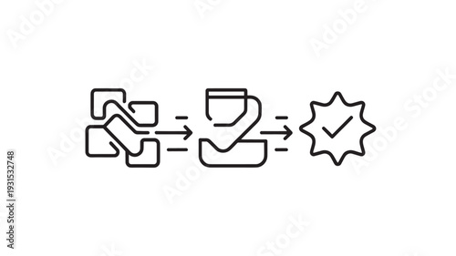 Black Line Icons Of Folders Merging Into One Verified Star On White Background For Business Organization Concepts