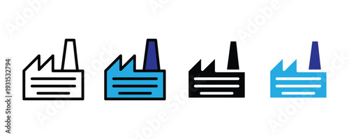 Factory and industrial plant icon set. Manufacturing symbol for production facility, supply chain warehouse, and heavy industry design. Vector Illustration.