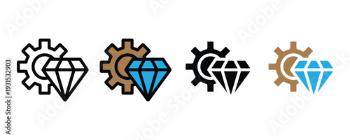 Diamond and gear icon set. Premium quality symbol for industrial value, technical excellence, and luxury service settings design. Vector Illustration.