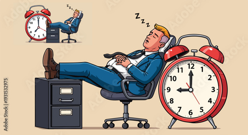Overworked businessman sleeping peacefully in an office chair with his feet propped up on a filing cabinet beside a large red alarm clock on transparent background. on transparent background