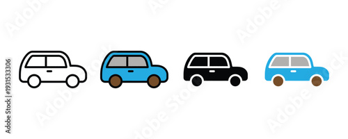 Small car icon set. Hatchback vehicle symbol for automotive transport, city driving, and car rental service design. Vector Illustration.