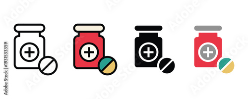 Medicine bottle and pill icon set. Pharmaceutical drug container symbol for healthcare prescription, pharmacy medication, and medical treatment design. Vector Illustration.