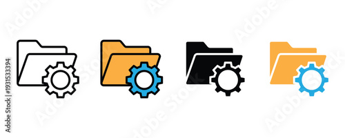 Digital folder settings and file management icon set. Document folder with gear symbol for data organization, system configuration, and storage optimization design. Vector Illustration.
