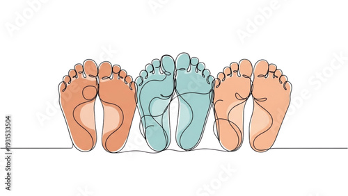 A family of four standing together, feet centered, in a simple illustration style on a clean background viewed from directly above