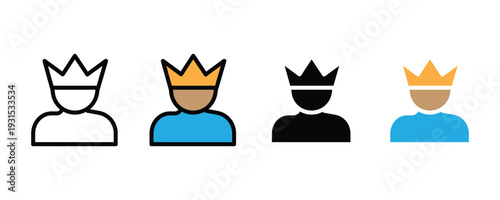 King crown on person icon set. Royal leader symbol for premium membership, winner profile, and authority figure design. Vector Illustration.