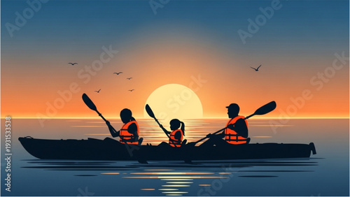 Three people paddling a canoe on serene waters at sunset from a distant viewpoint