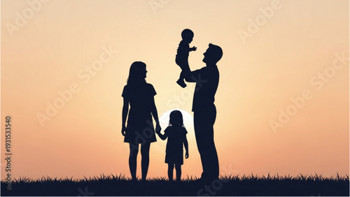 Family of four enjoying a serene sunset together in a lush green meadow