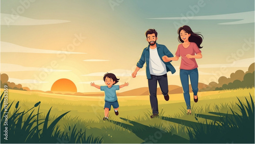 Family enjoying a serene sunset stroll together