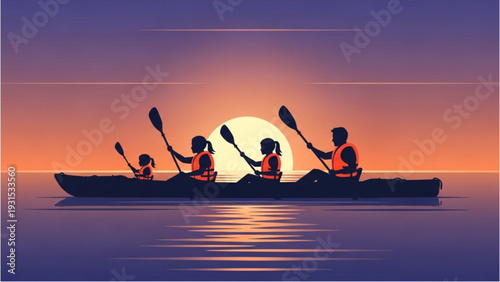 Group of people canoeing on serene lake during sunset
