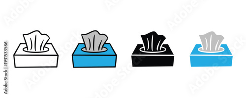 Tissue box and napkin dispenser icon set. Facial tissue symbol for personal hygiene, sneezing relief, and household cleaning design. Vector Illustration.
