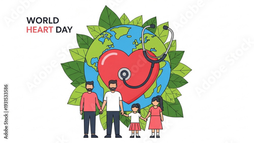 Family holding hands around a smiling heart encircling the globe illustration for World Heart Day