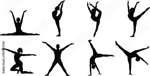 Ballet dancers performing elegant poses and acrobatic moves, silhouette collection of professional ballerinas and male dancers isolated on white background