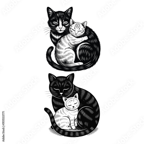 Two black and white cat illustrations with kittens