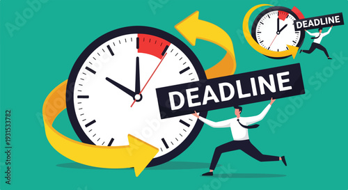 Professional man rushing towards a large ticking clock, holding a 'DEADLINE' sign, representing urgent project completion and time pressure on transparent background. on transparent background