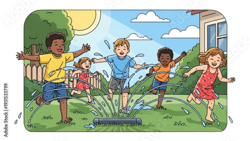 Children playing outside on a sunny day with water sprinkler on green grass