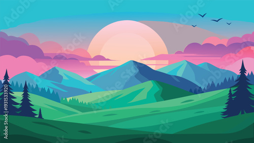 A serene landscape with a vibrant sunset over a tranquil lake and lush mountains Vector