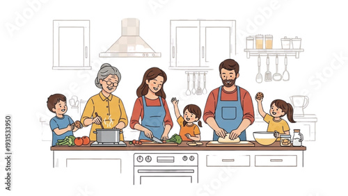 Family cooking together in a modern kitchen with various culinary activities