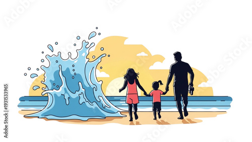Family of three walking hand in hand on sandy beach with splashing ocean waves