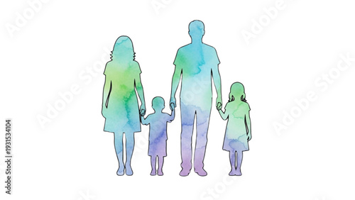 A family of four holding hands in a serene illustration from behind