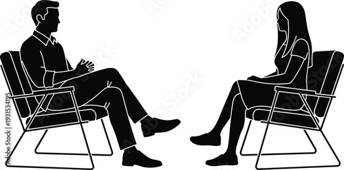 Business meeting silhouette illustration, man and woman sitting and talking in chairs, professional discussion, interview, consultation, communication concept isolated on white