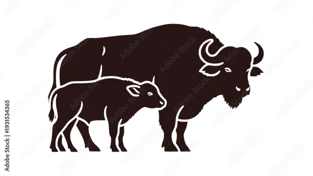 Fototapeta premium A majestic bison and calf walking together in a natural habitat, viewed from the side.