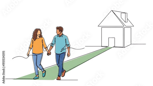 Couple walking hand in hand towards a house illustration in a simple line art style