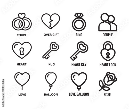 Simple line drawing icons representing love relationships concepts like rings hearts keys locks and couple silhouettes