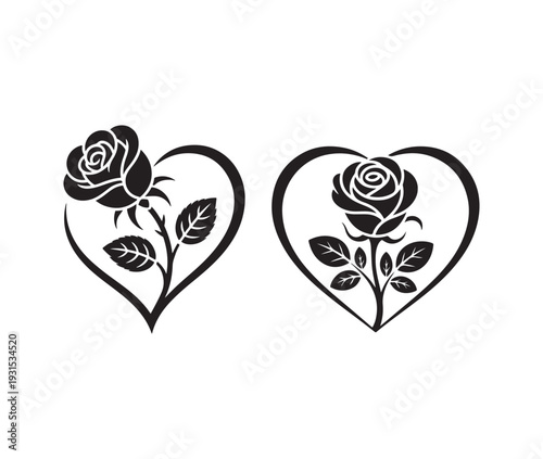 Pair of black silhouette designs featuring rose flower growing within abstract continuous heart outline