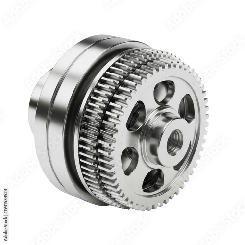 Close up of a metal gear mechanism on a black background