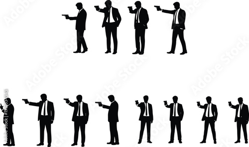 Businessman with handgun silhouette set, armed agent or security guard poses, black vector illustration isolated on white background