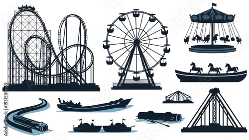 Amusement park attractions silhouetted against a plain background with rollercoasters and water rides