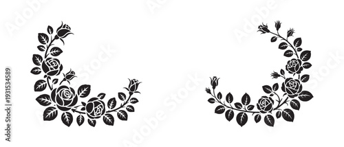 Black crescent shape floral frame made of roses and buds for elegant border design or vintage invitation card