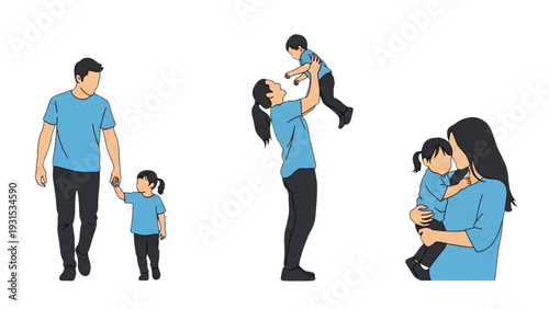 Family moments captured in tender illustrations of parents and child interacting with love and affection in a simple setting