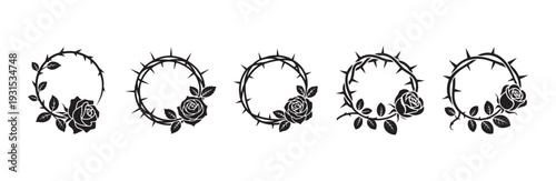 Five circular frames made from thorny rose stems with single roses integrated into each elegant design
