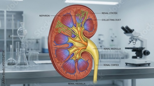 Detailed Human Kidney Anatomy Illustration with Labels