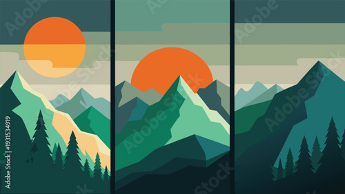 Three distinct landscapes showcasing the beauty of nature and the changing times of day Vector
