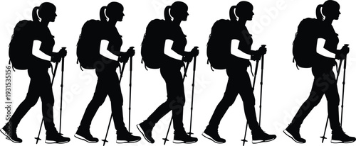 Collection of female hiker silhouettes walking with backpacks and trekking poles isolated on white background, black vector icons for outdoor adventure and travel.