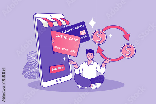 Character using smartphone for online payment with credit cards and money refund icons representing financial transactions