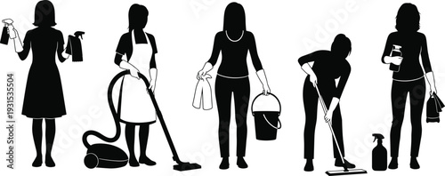 Collection of women cleaning silhouettes with vacuum, mop, bucket and spray bottles isolated on white background, black vector icons for housekeeping and sanitation.